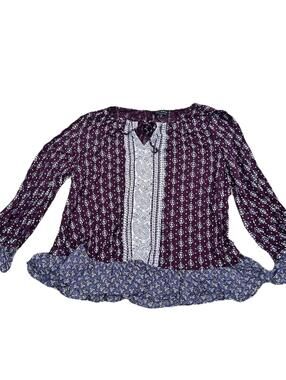 Lucky Brand Blouse Frilly Boho Retro Cosmic Witch Vibe Multi Pattern Soft Sz M